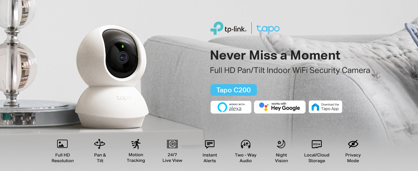 TP-Link Tapo Smart Pan/Tilt Indoor Security Camera, 360° Motion Tracking, 1080p Full HD WiFi Camera for Pet/Baby, Night Vision, 2-Way Audio, 128 GB Local Storage, Works w/Alexa &amp; Google (Tapo C200),Fast and free delivery.