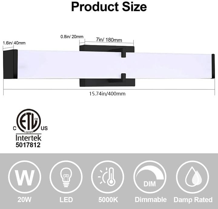 16 Inch Vanity Light 2000LM, 20W 5000K Daylight Vanity Lights for Bathroom 0-100% Dimmable, Modern Black Bathroom Light Fixtures Over Mirror CRI>85, ETL Listed
