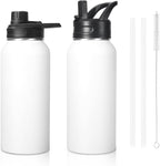 Insulated Water Bottle, 32oz Vacuum Stainless Steel Metal Sports Water Bottles with Stickers, Straw & Spout Lid (2 Lids), Double Walled to Keeps Hot and Cold, Leak Proof, BPA-Free, 32oz