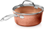 Nonstick Hammered Copper Collection – Sauce Pan with Lid, Premium Cookware, Aluminum Composition with Induction Plate for Even Heating, Dishwasher & Oven Safe