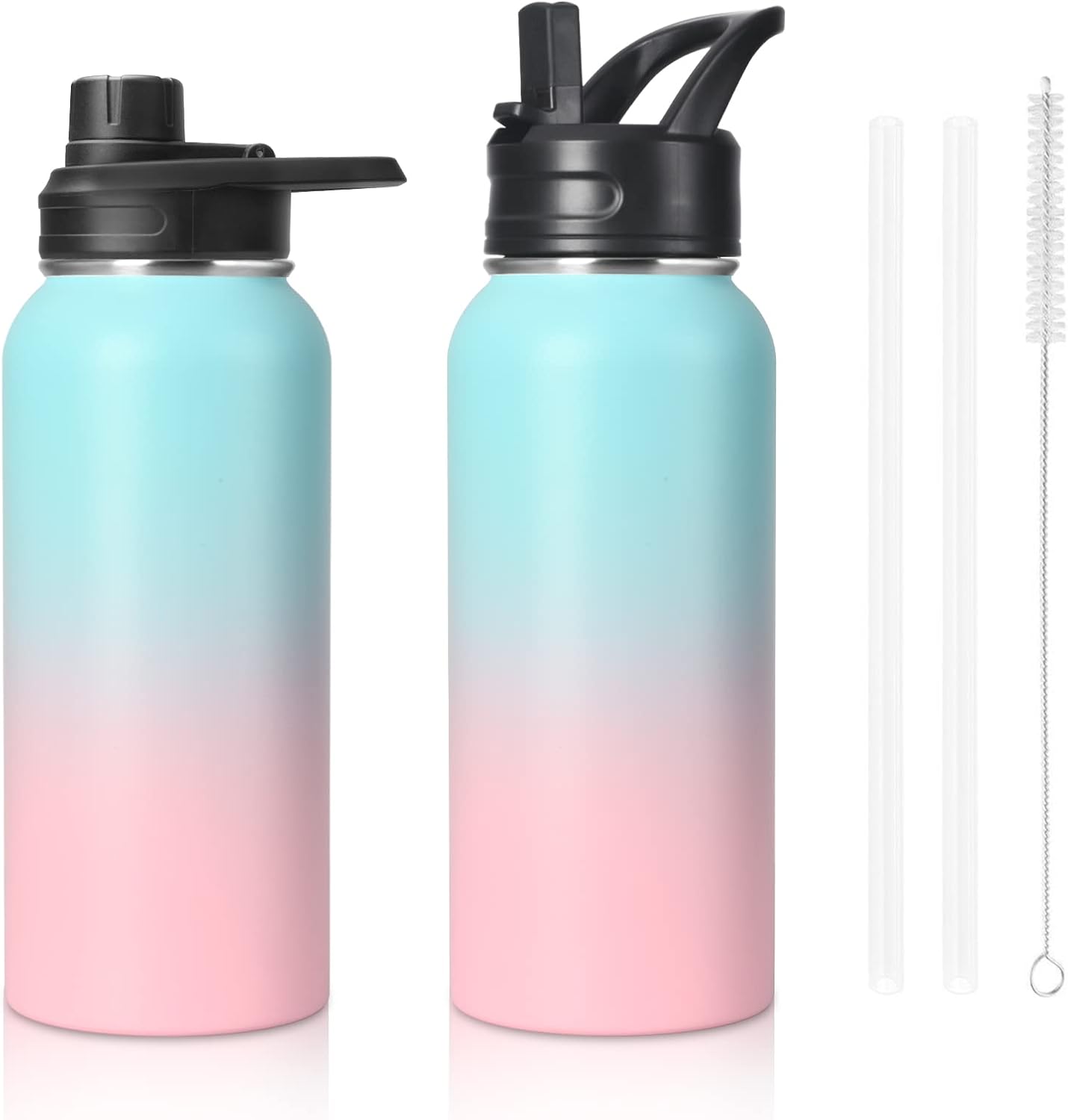 Insulated Water Bottle, 32oz Vacuum Stainless Steel Metal Sports Water Bottles with Stickers, Straw & Spout Lid (2 Lids), Double Walled to Keeps Hot and Cold, Leak Proof, BPA-Free, 32oz