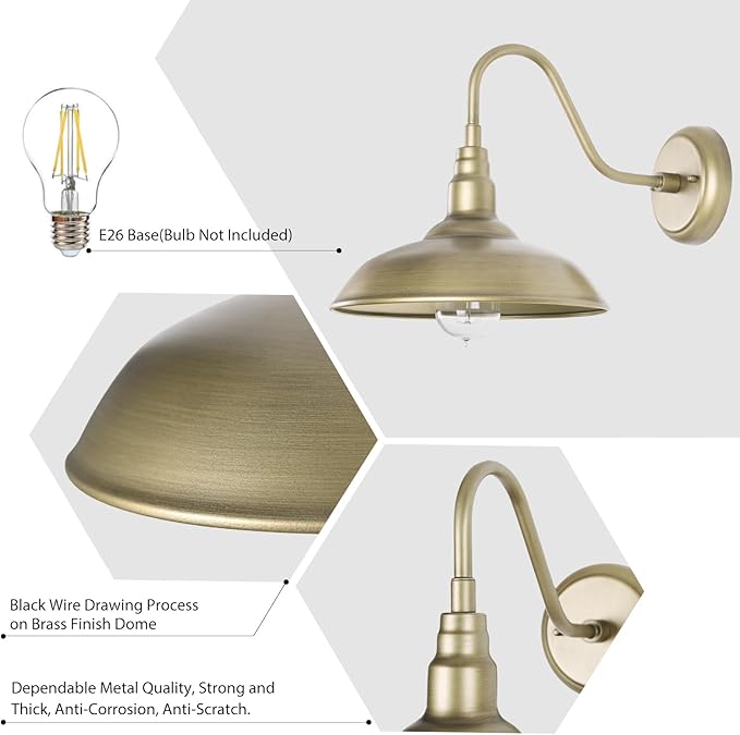 10" Outdoor Barn Light Fixture Wall Mounted Outside Gooseneck Wall Lighting with Brass Finish, Exterior Farmhouse Wall Sconce Waterproof Porch Wall Lighting for Patio, Garage,ETL Listed,free and fast delivery.