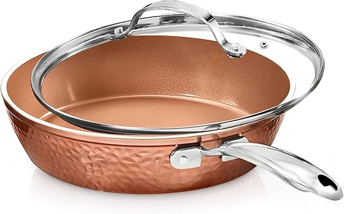 Gotham Steel 12” Nonstick Fry Pan with Lid – Hammered Copper Collection, Premium Aluminum Cookware with Stainless Steel Handles, Induction Plate for Even Heating, Dishwasher & Oven Safe, 12", Copper,free and fast shipping.