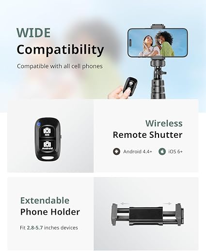 62" Phone Tripod &amp; Selfie Stick, Extendable Cell Phone Tripod Stand with Wireless Remote and Phone Holder, Compatible with iPhone Android Phone, Camera (Black)free and fast delivery.