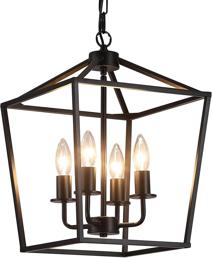UL Listed Black Industrial 4 Light Lantern Chandelier Ceiling Light Fixtures Farmhouse Metal Cage Rustic Geometric Pendant Light for Kitchen Island Entryway Dining Room Stairs and Hallway, free and  fast delivery.