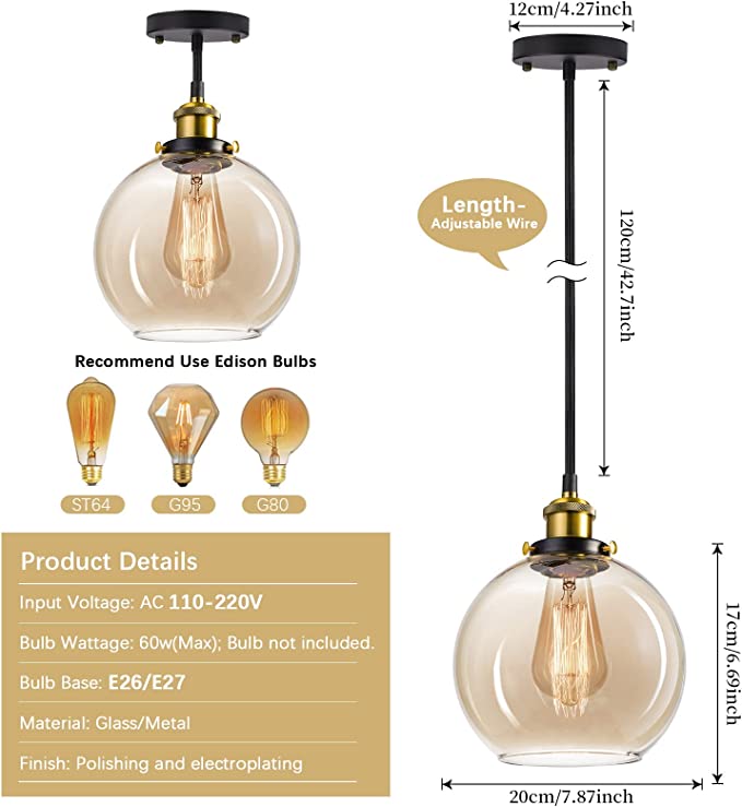 Pendant Lights Kitchen Island - 7.9 inches Island Lighting Fixtures, Glass Pendant Lights for Kitchen Island, Modern Clear Glass Globe Luminaire Suspendu for Dining Room, Socket and electric cord have passed the UL listing.Free and fast shipping