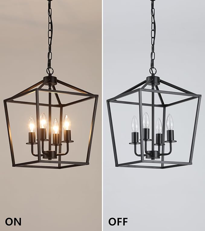 UL Listed Black Industrial 4 Light Lantern Chandelier Ceiling Light Fixtures Farmhouse Metal Cage Rustic Geometric Pendant Light for Kitchen Island Entryway Dining Room Stairs and Hallway, free and  fast delivery.
