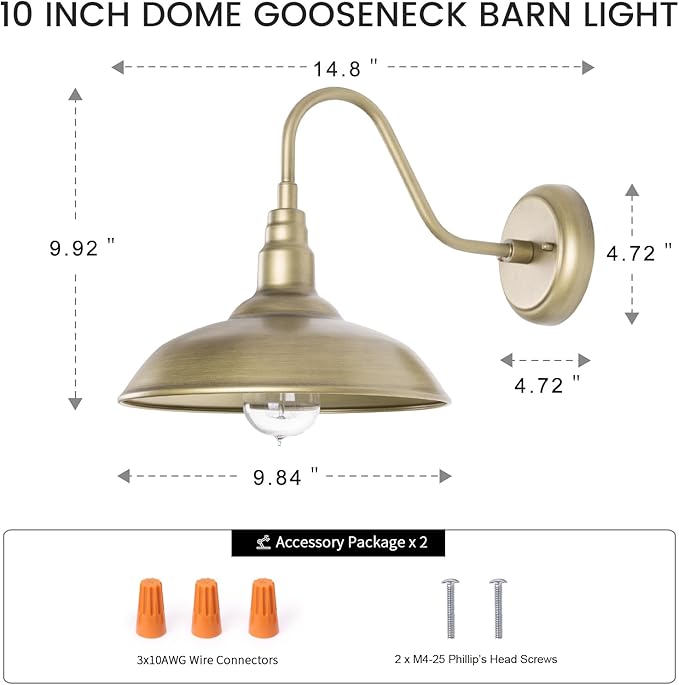 10" Outdoor Barn Light Fixture Wall Mounted Outside Gooseneck Wall Lighting with Brass Finish, Exterior Farmhouse Wall Sconce Waterproof Porch Wall Lighting for Patio, Garage,free and fast delivery.