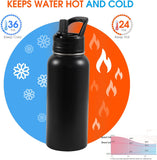 Insulated Water Bottle, 32oz Vacuum Stainless Steel Metal Sports Water Bottles with Stickers, Straw & Spout Lid (2 Lids), Double Walled to Keeps Hot and Cold, Leak Proof, BPA-Free, 32oz