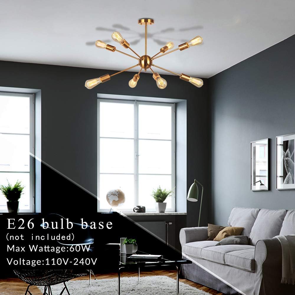Sputnik Chandelier Light-8 Lights Brushed Brass Modern Pendant Lighting Gold Mid Century Ceiling Light Fixture for Dining Room Bed Room Kitchen Room UL Listed,Free delivery to Canada in one week.