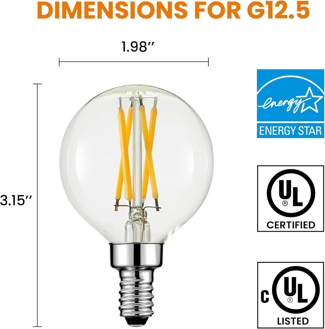 LED Filament Clear G12.5 Candelabra Base E12 2700K 40W 400LM CRI90 Dimmable - (6-Pack)