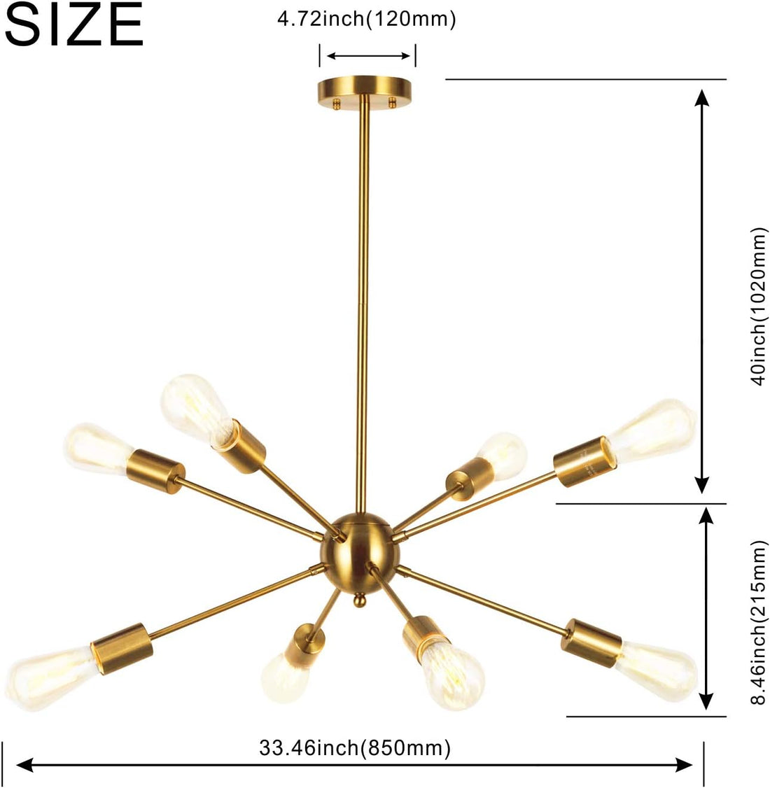 Sputnik Chandelier Light-8 Lights Brushed Brass Modern Pendant Lighting Gold Mid Century Ceiling Light Fixture for Dining Room Bed Room Kitchen Room UL Listed,Free delivery to Canada in one week.