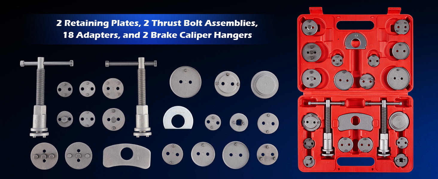 Motor Tech 24pcs Brake Caliper Tool, Heavy Duty Brake Caliper Compression Tool Caliper Piston Tool for Brake Pad Replacement Reset, with Thrust Bolt Assemblies Retaining Plates 18 Disc Adapters,free and fast shipping.