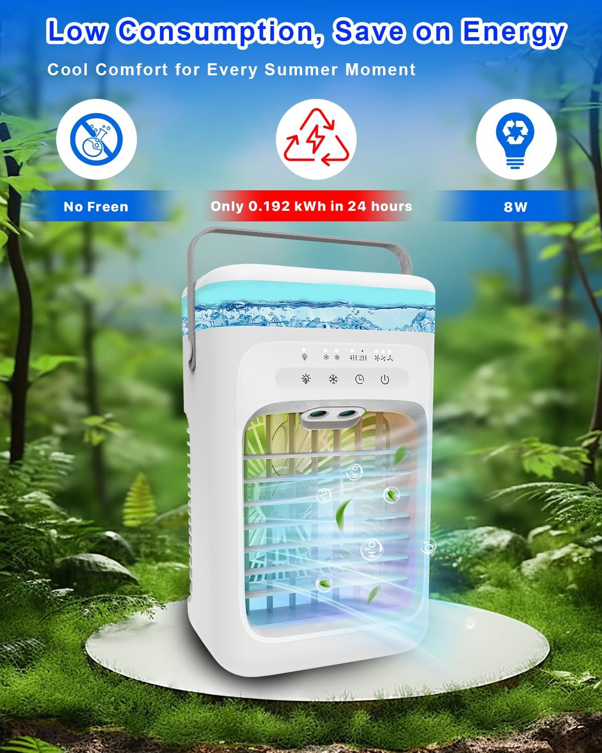 Portable Evaporative Air Cooler – 3 Fan Speeds, 2–4 Hour Timer, 7-Colour LED Light, Eco-Friendly Mini Cooling Fan for Home, Bedroom, Office & Travel