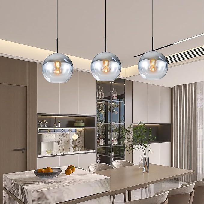 Pendant Light for Kitchen Island, Modern Silver Gradient Glass Dining Room  Pendant Light, 20cm Diameter for Bedroom, Living Room, Hotel