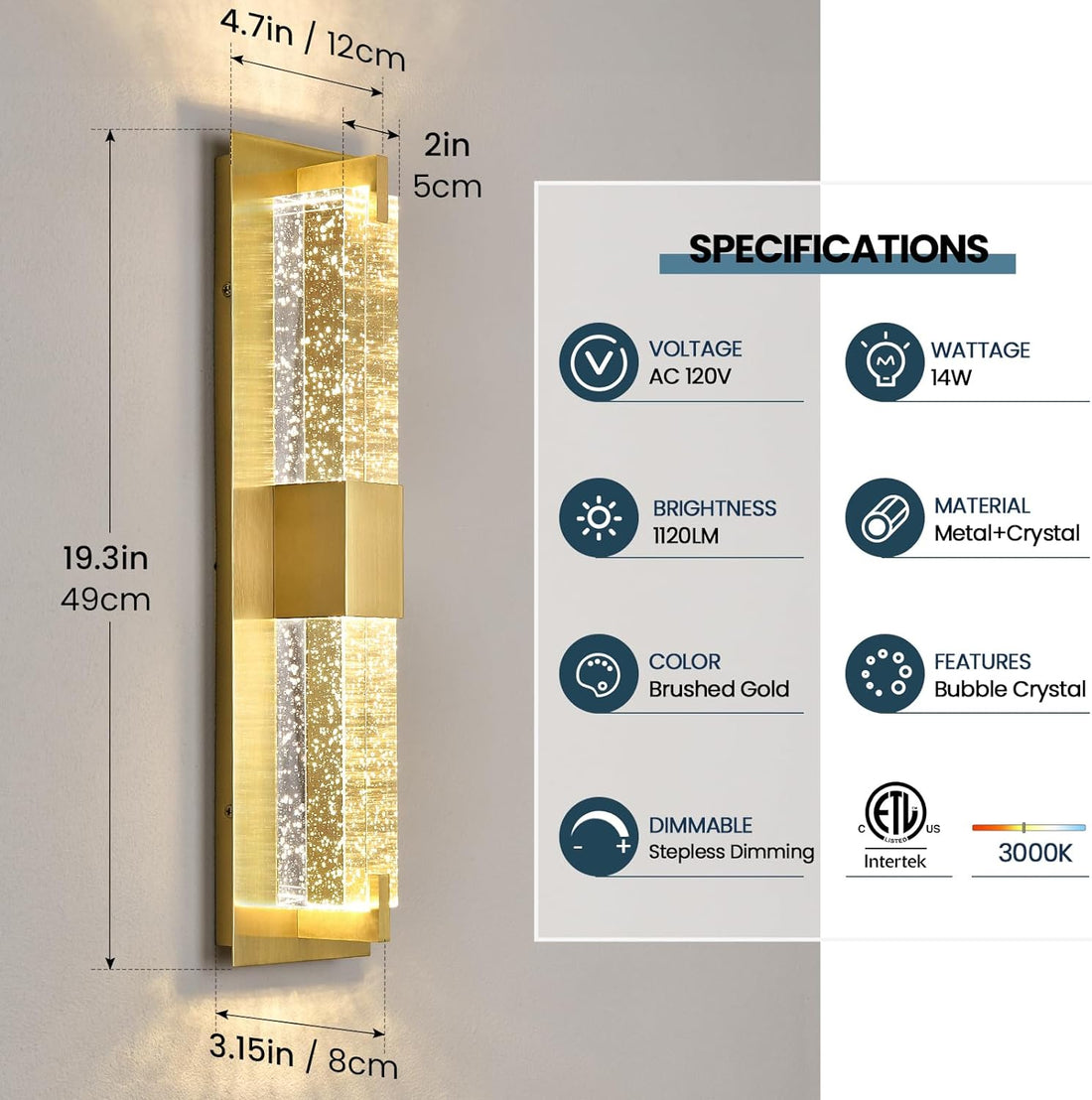 LED Wall Sconce Light: 19 Inch Modern Sconces Wall Lighting 3000K Dimmable Crystal Wall Lamps Indoor Bathroom Sconce Wall Mount Light Fixtures for Living Room/Bedroom/Hallway