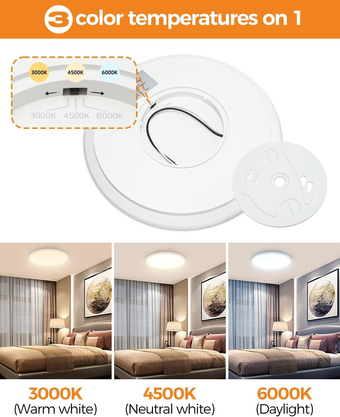 2PACK LED Flush Mount Ceiling Light Fixture, 12Inch 28W Ceiling Light, Dimmable & 3000K/4500K/6000K 3 Color Adjustable Round Ceiling Light 3200LM Low Profile Ceiling Light Fixtures for Kitchen Bedroom