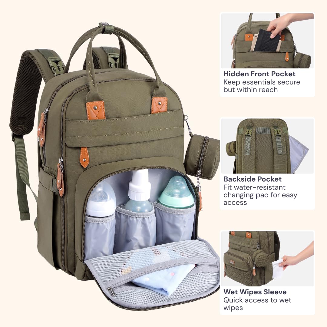 Diaper Bag Backpack - Baby Essentials Travel Tote - Multi Function Waterproof Diaper Bag, Travel Essentials Baby Bag with Changing Pad, Stroller Straps & Pacifier Case - Unisex, Army Green,free and fast delivery.
