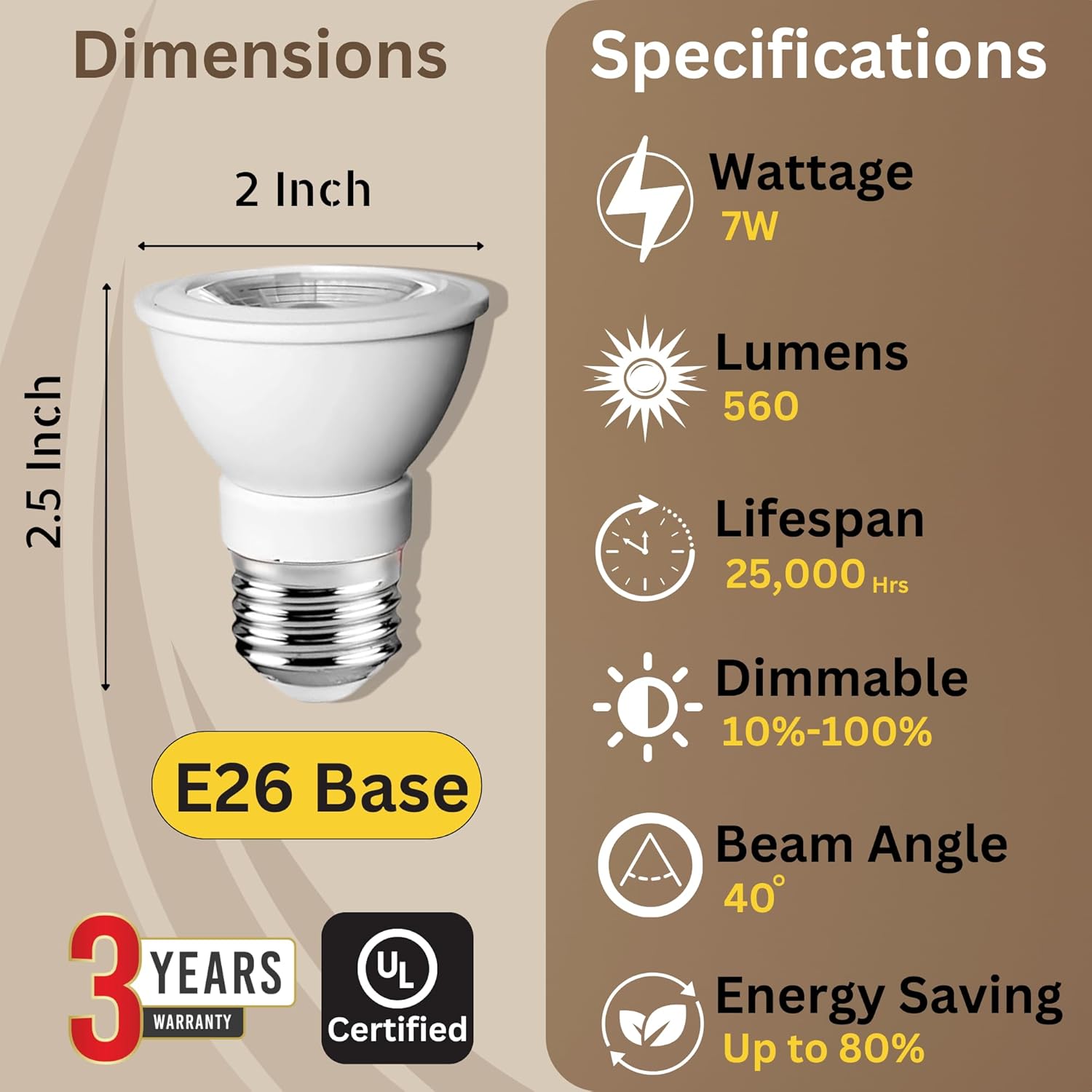 PAR16 LED Bulb, 7W-50W Equivalent, E26 Base Natural White 4000K, 490LM, CRI80, Dimmable, CUL (6-Pack)