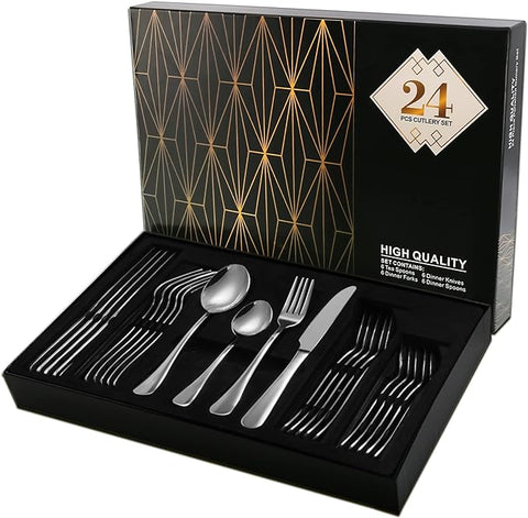 Cutlery Set, 24 Piece Stainless Steel Flatware Set, Silverware Set Service for 6, Dinnerware Utensil Set with Knife, Fork, Spoon, Dessertspoon, Use for Home, Restaurant with Gift Box,FREE AND FAST DELIVERY ONE WEEK.