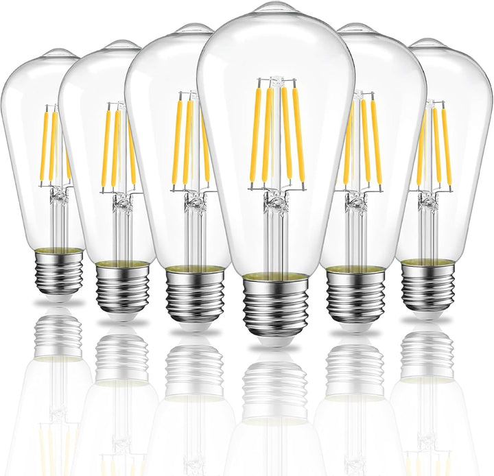 Nostalgic ST64, 6W-60W Equivalent, Vintage Clear Filament 5000K,  600 Lumens , E26 Medium Base, CRI90, Dimmable, CUL/UL  (6-Pack)