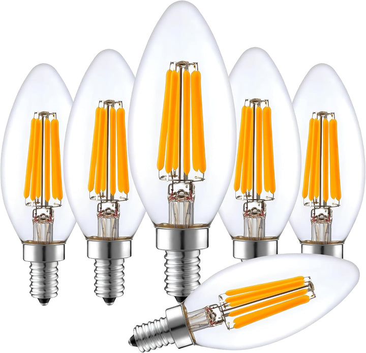 LED Filament Clear Candelabra 3000K 6W= 60W E12 CRI90 ES Dimmable- Pack of 6