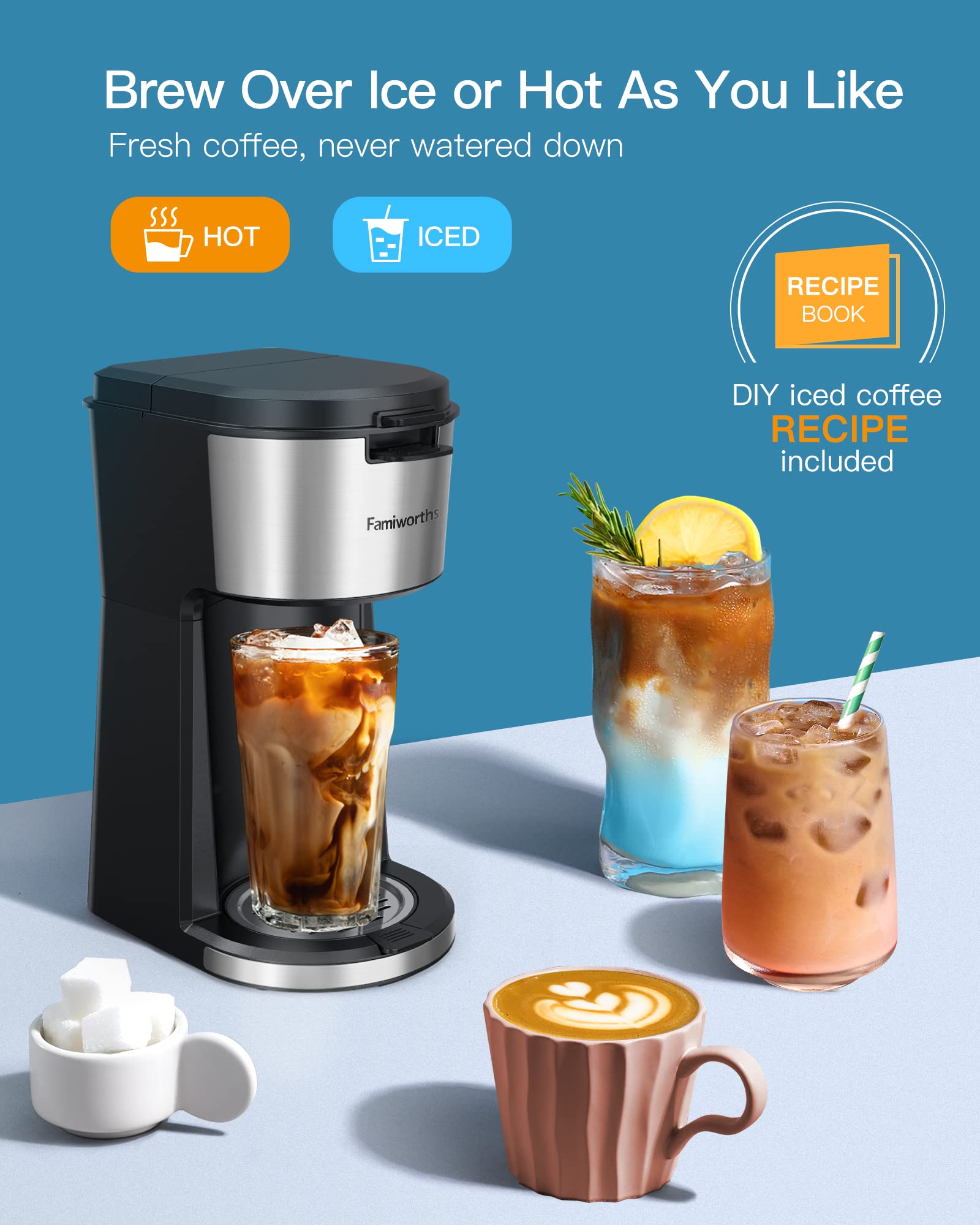Cymak Iced Coffee Maker, Hot and Cold Coffee Maker Single Serve for K Cup and Ground, with Descaling Reminder and Self Cleaning, Iced Coffee Machine for Home, Office and RV