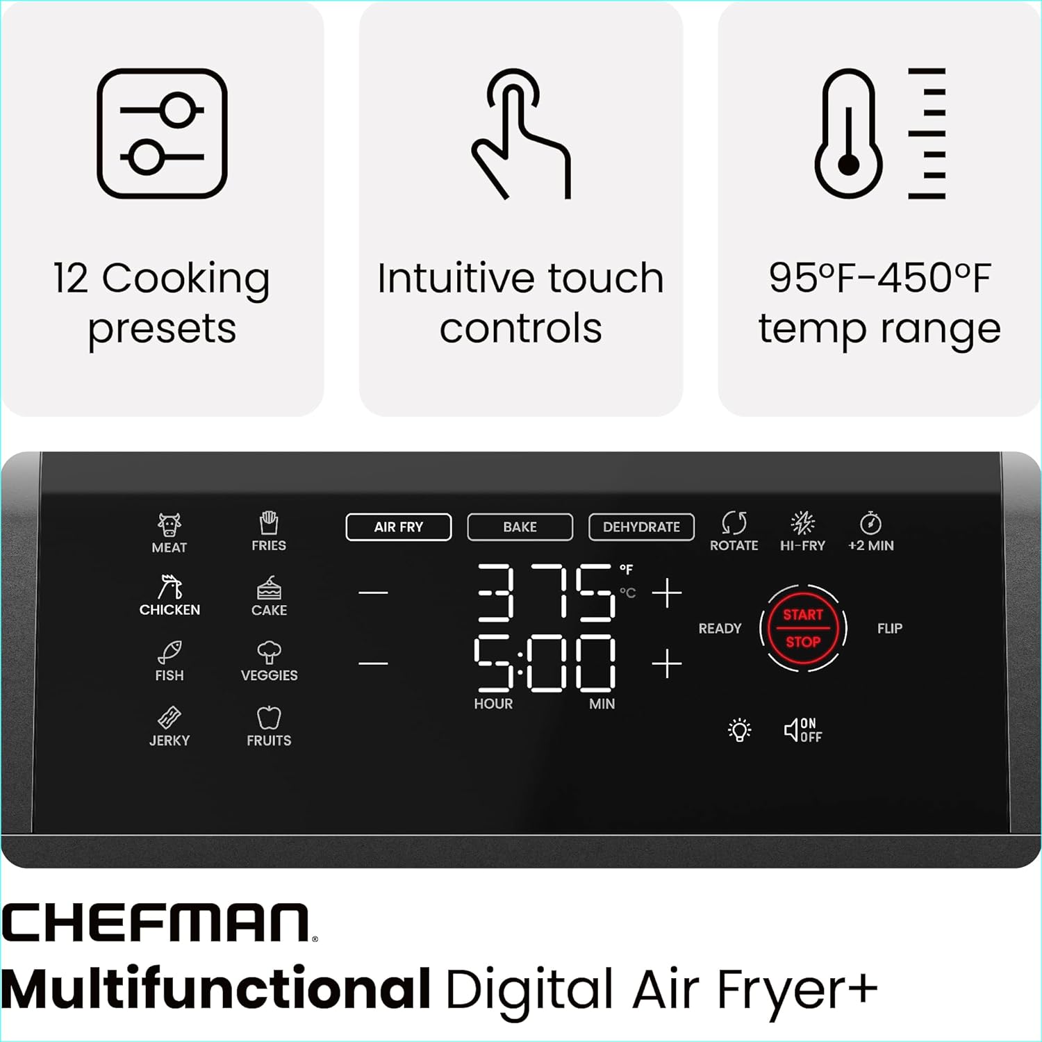 Cymak Air Fryer Oven - 12-Quart 6-in-1 Rotisserie Oven and Dehydrator, 12 Presets with Digital Timer and Touchscreen, Family Size XL Airfryer Countertop Convection Oven, Dishwasher-Safe Parts, Black
