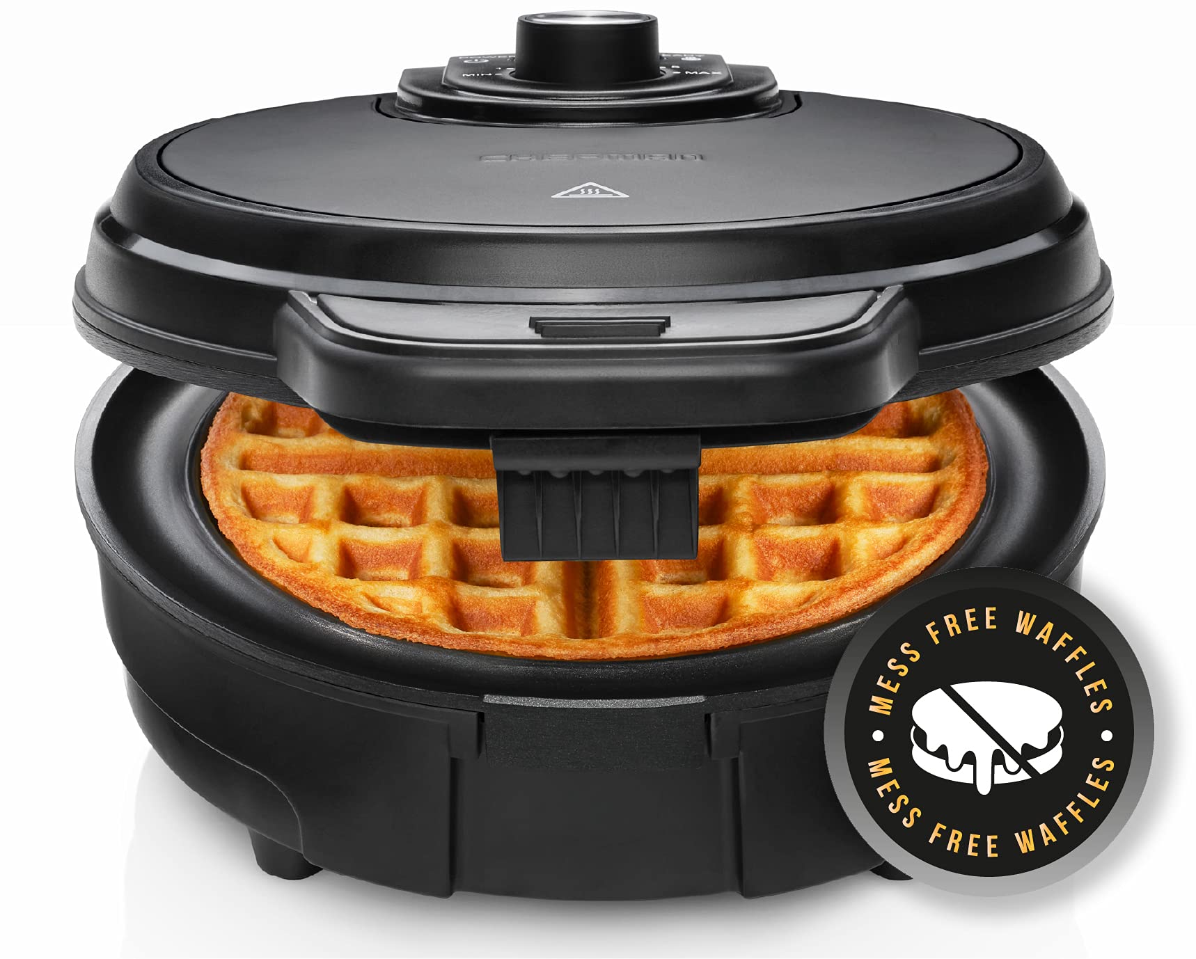 Anti-Overflow Belgian Waffle Maker w/Shade Selector, Temperature Control, Mess Free Moat, Round Nonstick Iron Plate, Cool Touch Handle, Measuring Cup Included, Black Stainless Steel