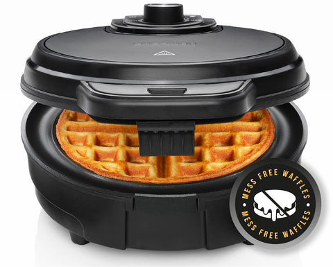 Cymak Anti-Overflow Belgian Waffle Maker w/Shade Selector, Temperature Control, Mess Free Moat, Round Nonstick Iron Plate, Cool Touch Handle, Measuring Cup Included, Black Stainless Steel