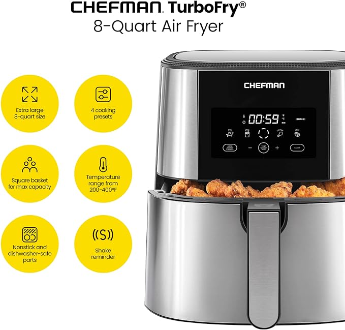 TurboFry® Touch Air Fryer, XL 8-Qt (7.5L) Family Size, One-Touch Digital Control Presets, French Fries, Chicken, Meat, Fish, Nonstick Dishwasher-Safe Parts, Automatic Shutoff, Stainless Steel.Free shipping,fast delivery.