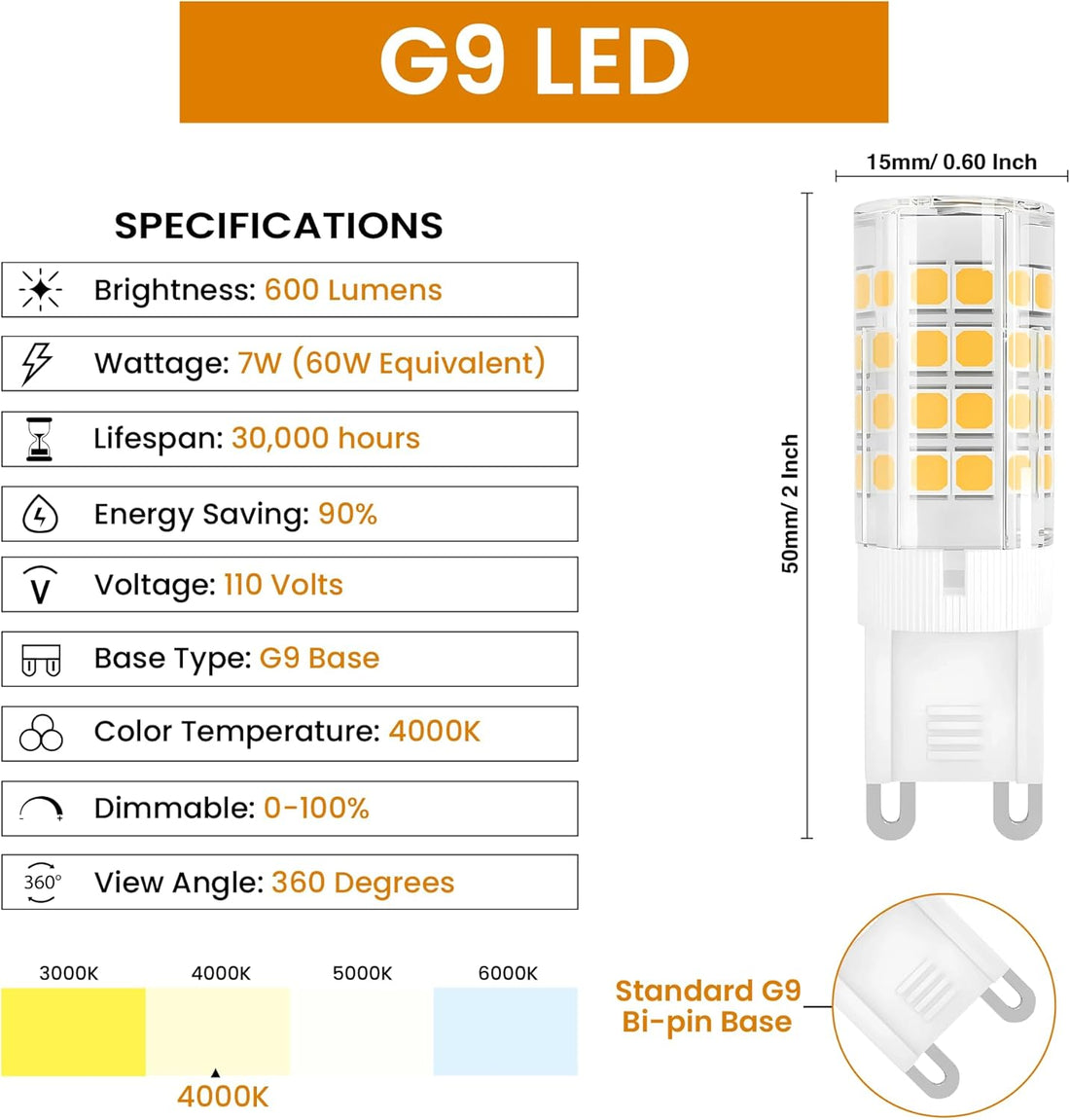 STRAK G9 LED Light Bulb, 7Watt, 70W Equivalent 700 lumens,Bi pin (4000K) Natural White, CRI80, Dimmable,Flicker free, CETL/ETL (6-Pack)