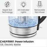 Chefman Electric Kettle 1.8L, 1500W Fast Boiling Water Heater, Auto Shutoff, Boil Dry Protection & Cordless Pouring, BPA Free, Removable Tea Infuser, Borosilicate Glass, Stainless Steel. Free shipping,fast delivery.