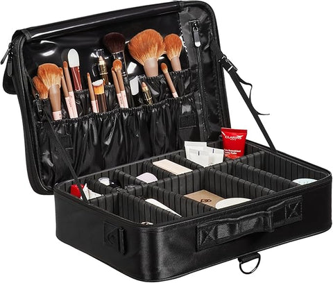 Makeup Train Case Large Storage 3 Tiers, Convenient Carry With Handle, Strap, Professional Waterproof Oxford Makeup Storage Organizer Box, Heavy Duty Make Up Carrier, Black,Free and Fast delivery.