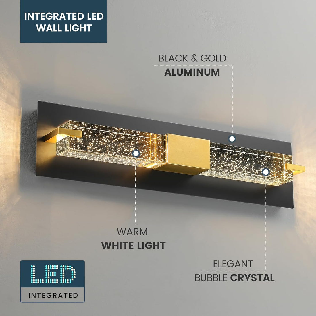 LED Wall Sconce Light: 19 Inch Modern Sconces Wall Lighting 3000K Dimmable Crystal Wall Lamps Indoor Bathroom Sconce Wall Mount Light Fixtures for Living Room/Bedroom/Hallway