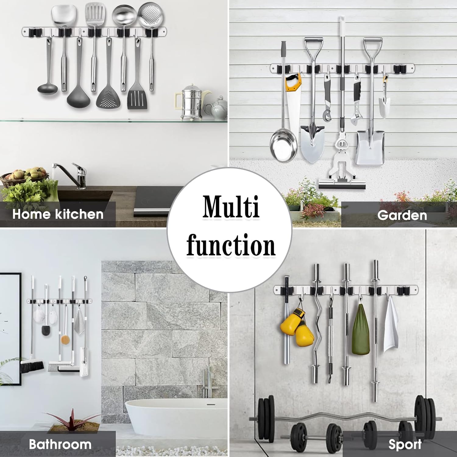 5 Racks and 4 Hooks Mop and Broom Holder Wall Mount, Broom Organizer Storage Tool Racks Stainless Steel Heavy Duty Hooks Self Adhesive Solid Non-slip for Home Kitchen Garden Laundry Garage, free and fast delivery.