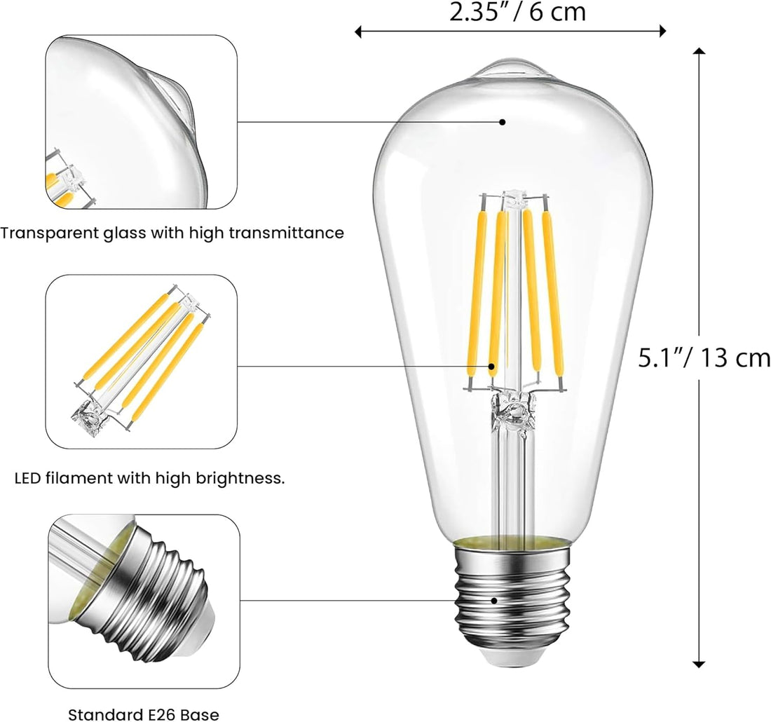 Nostalgic ST64, 6W-60W Equivalent, Vintage Clear Filament 5000K,  600 Lumens , E26 Medium Base, CRI90, Dimmable, CUL/UL  (6-Pack)