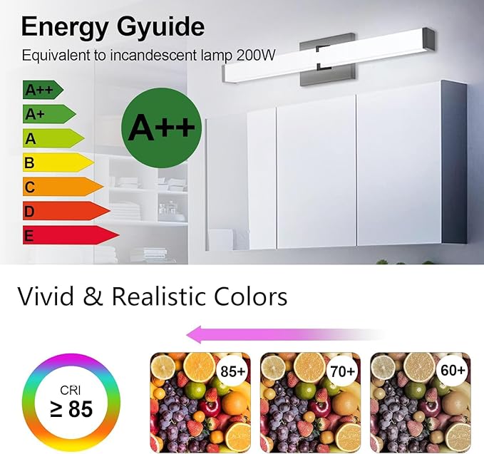 16 Inch Vanity Light 2000LM, 20W 5000K Daylight Vanity Lights for Bathroom 0-100% Dimmable, Modern Black Bathroom Light Fixtures Over Mirror CRI>85, ETL Listed
