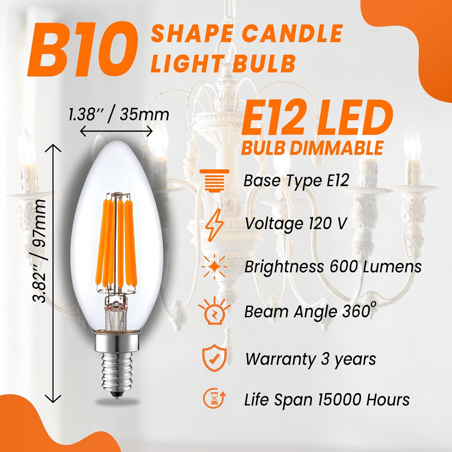 LED Candelabra, E12 BASE, 6W=60Watt, 600 Lumens, Clear Filament, 3000K, CRI90, CETL, Dimmable (Pack of 10)