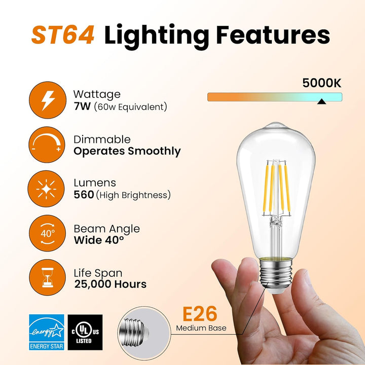 Nostalgic ST64, 6W-60W Equivalent, Vintage Clear Filament 5000K,  600 Lumens , E26 Medium Base, CRI90, Dimmable, CUL/UL  (6-Pack)