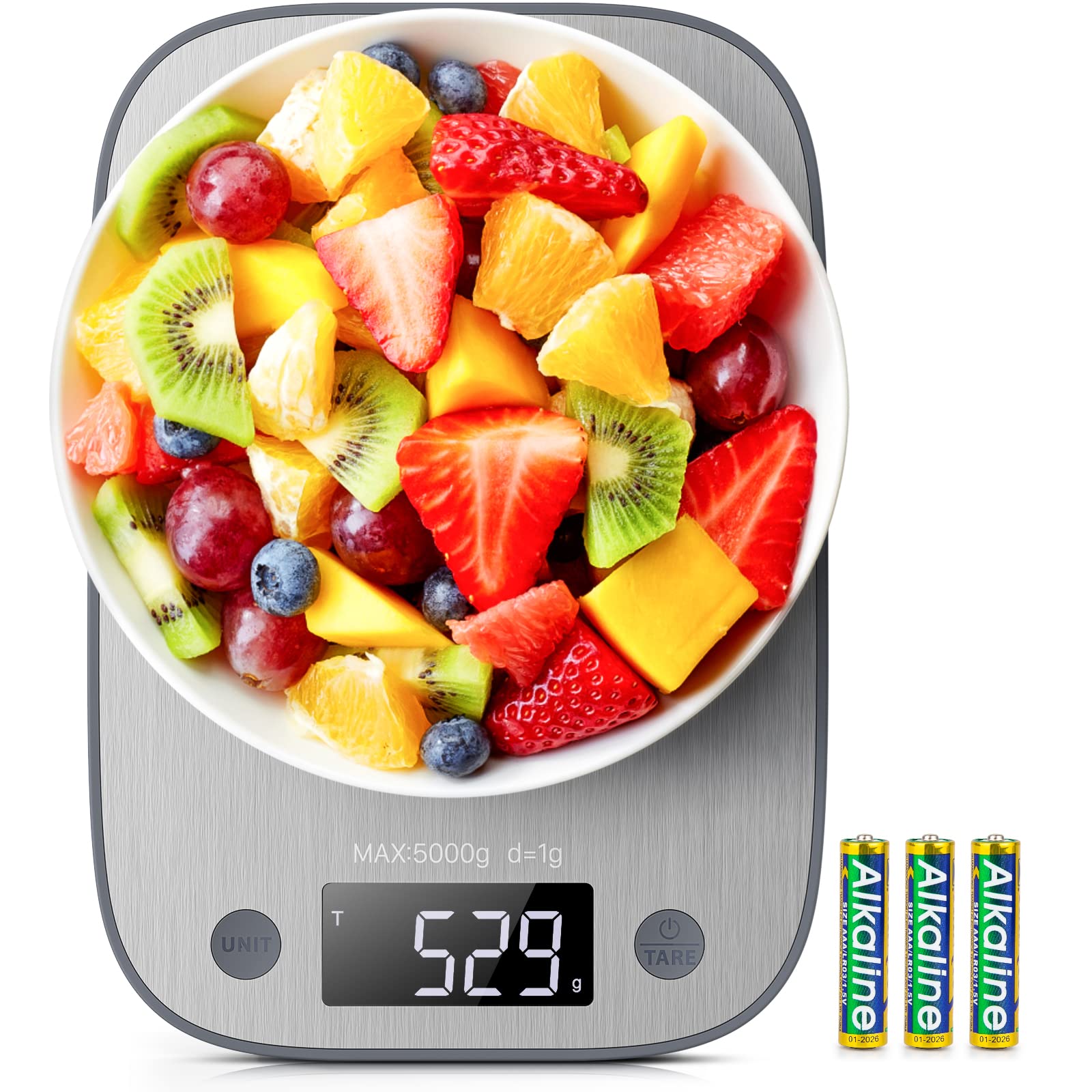 Digital Food Kitchen Scale, Measures in Grams and Ounces for Baking, Cooking, Weight Loss, 304 Stainless Steel, Silver