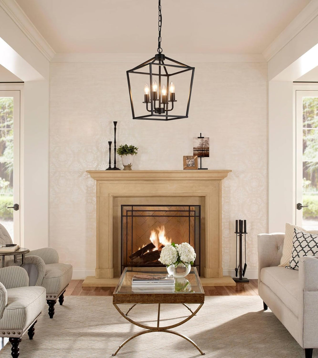 UL Listed Black Industrial 4 Light Lantern Chandelier Ceiling Light Fixtures Farmhouse Metal Cage Rustic Geometric Pendant Light for Kitchen Island Entryway Dining Room Stairs and Hallway, free and  fast delivery.