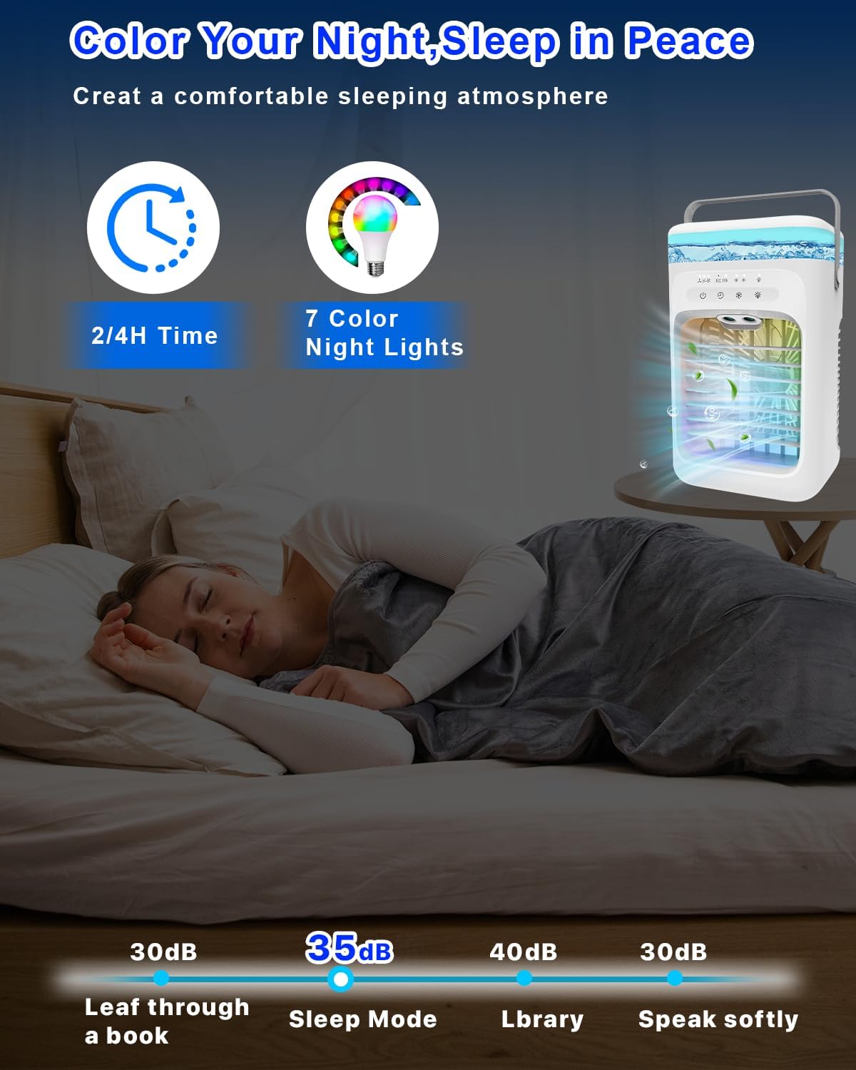 Portable Evaporative Air Cooler – 3 Fan Speeds, 2–4 Hour Timer, 7-Colour LED Light, Eco-Friendly Mini Cooling Fan for Home, Bedroom, Office & Travel