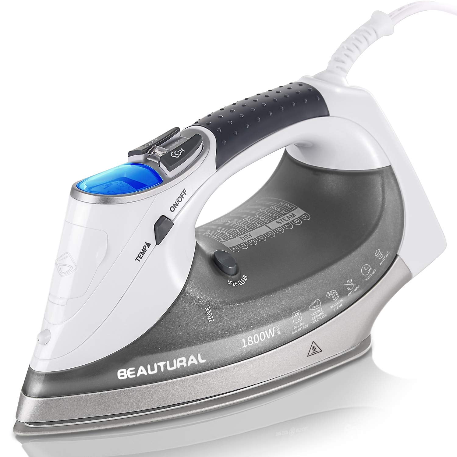 Beutural 1800-Watt Steam Iron with Digital LCD Screen, Double-Layer and Ceramic Coated Soleplate, 3-Way Auto-Off, 9 Preset Temperature and Steam Settings for Variable Fabric