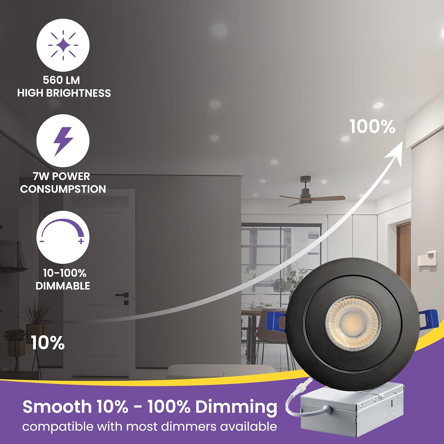 Strak Black 3-Inch Integrated Slim Panel 7 W 560lm Downlight Recessed Lighting with Gimbal 4000k Natural White - Energy Star (Pack of 6)