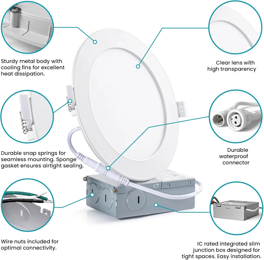 4-Inch LED Recessed Slim Pot Lights with Junction Box, 3000K Warm White, Dimmable 9W 750LM High Brightness Led Panel Lights, IC Rated Indoor & Outdoor Led Ceiling Lights, ETL Listed (6 Pack)