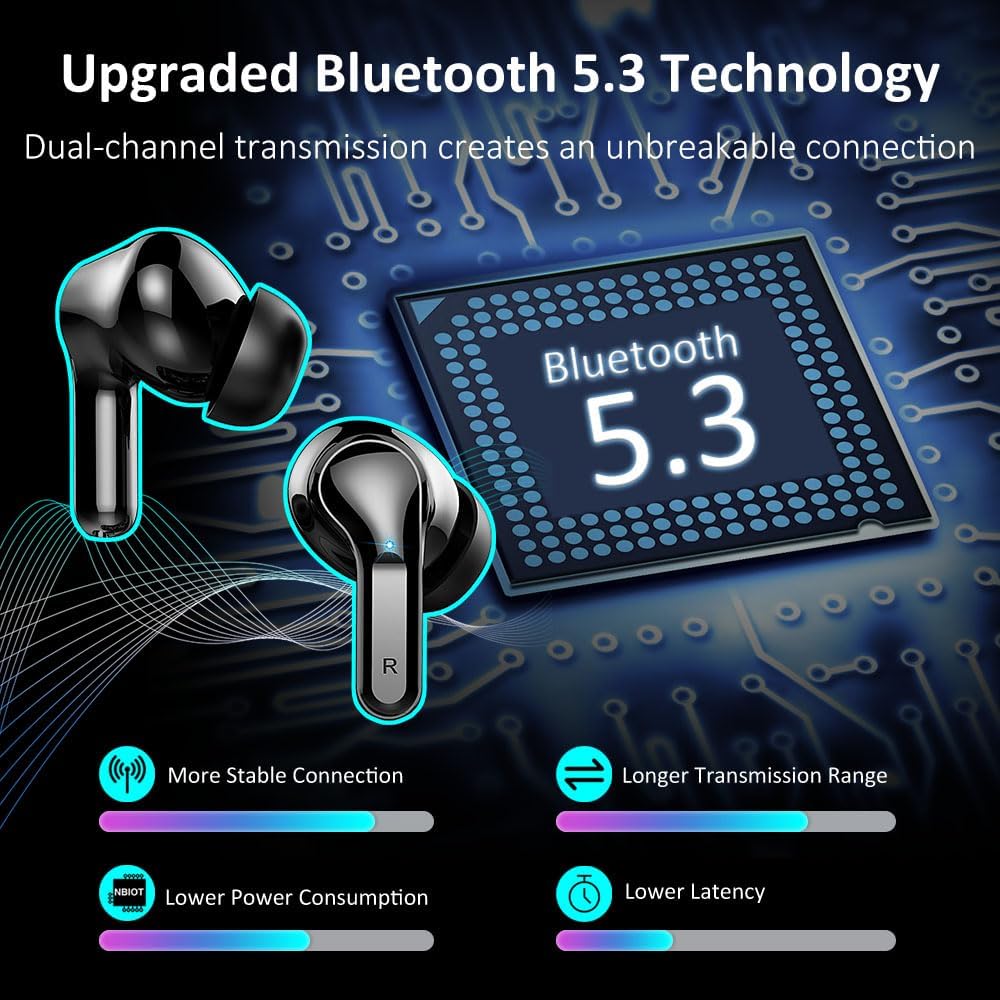 Wireless Earbuds, Bluetooth Headphones 5.3 NEW Ear Buds with 4 ENC Noise Cancelling Mic, Deep Bass HiFi Stereo 40H in Ear Earphones with LED Display, IP7 Waterproof Wireless Headphones for Android iOS