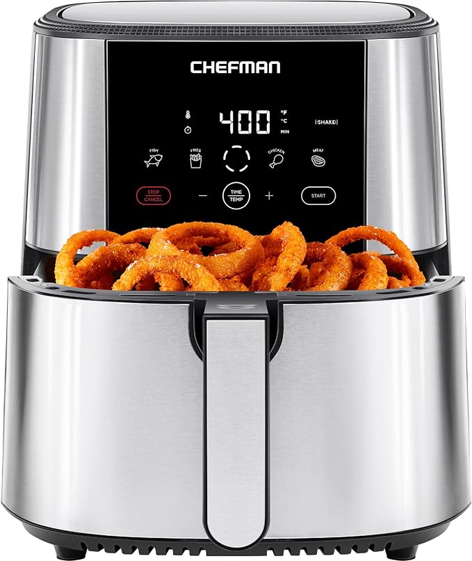 TurboFry® Touch Air Fryer, XL 8-Qt (7.5L) Family Size, One-Touch Digital Control Presets, French Fries, Chicken, Meat, Fish, Nonstick Dishwasher-Safe Parts, Automatic Shutoff, Stainless Steel.Free shipping,fast delivery.