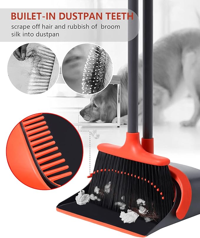 Broom with Dustpan Combo Set, Broom and Dustpan Set with Optional Extension Pole, Broom and Dustpans with Built-in Teeth for Home Lobby Office, Foldable Storage Standing Dust Pan and Brush Set,fast and free delivery.