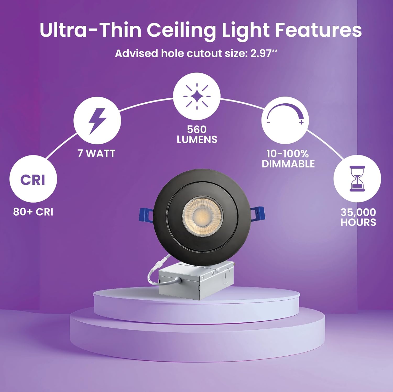 Strak Black 3-Inch Integrated Slim Panel 7 W 560lm Downlight Recessed Lighting with Gimbal 4000k Natural White - Energy Star (Pack of 6)